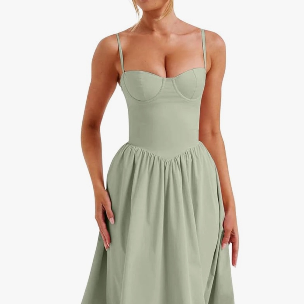 Elegant Corset Sage Green Spaghetti Strap Dress